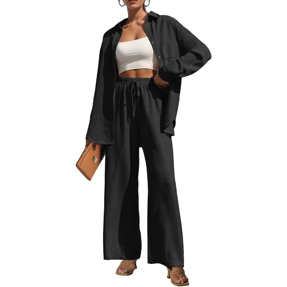Lepunuo‎ Women Black 2 Piece Set Button Down Shirt Wide Leg Pants NWT Size Large